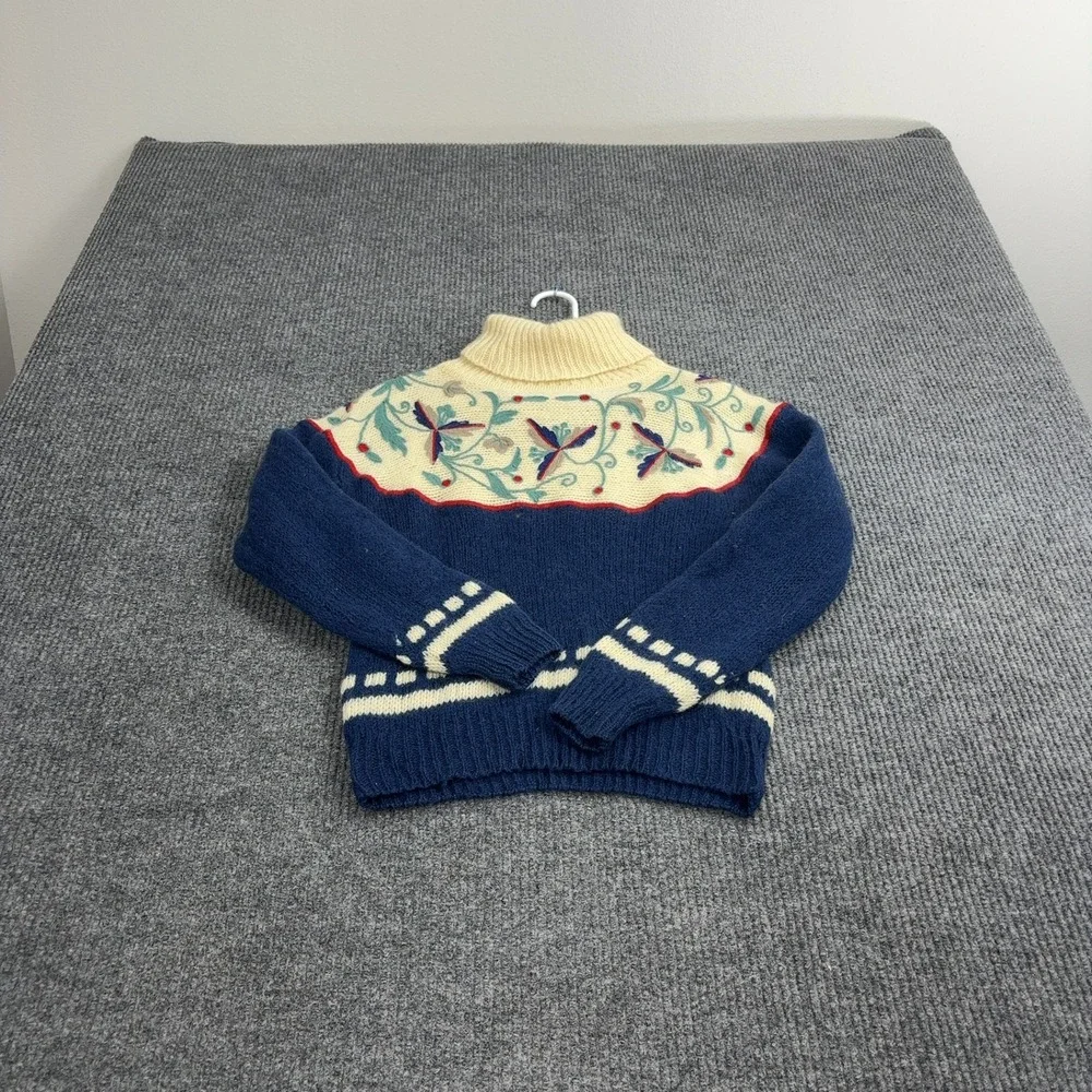 Vintage Carroll Reed Sweater Womens M Blue‎ Wool Floral Turtleneck Cottagecore